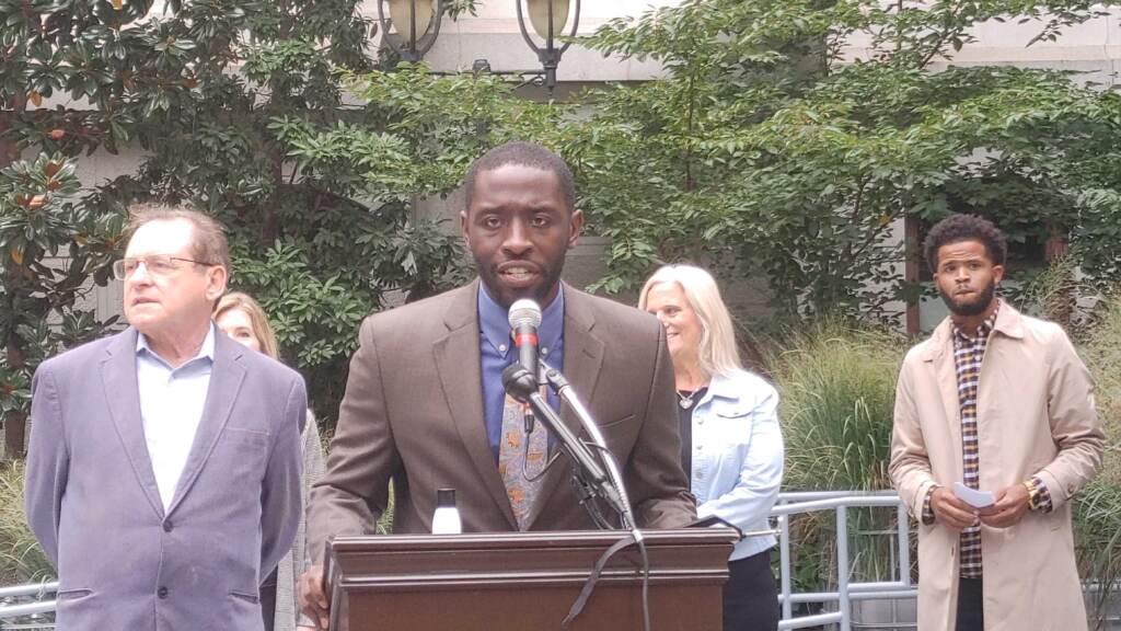 20211011 Councilmember Isaiah Thomas calls for people to register to vote T MacDonald Councilmember Isaiah Thomas calls for people to register to vote at a rally on Monday, October 11, 2021. (Tom MacDonald WHYY)
