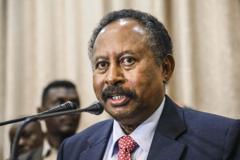Sudan's Prime Minister Abdalla Hamdok speaks during a news conference