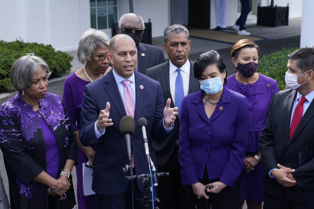 AP-senate-democrats-hakeem-jeffries-welath-tax-102721.jpg Rep. Hakeem Jeffries, standing with other House Democrats, talks to reporters