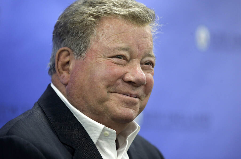William Shatner FILE - In this May 6, 2018 file photo, actor William Shatner takes questions from reporters after delivering the commencement address at New England Institute of Technology graduation ceremonies, in Providence, R.I.