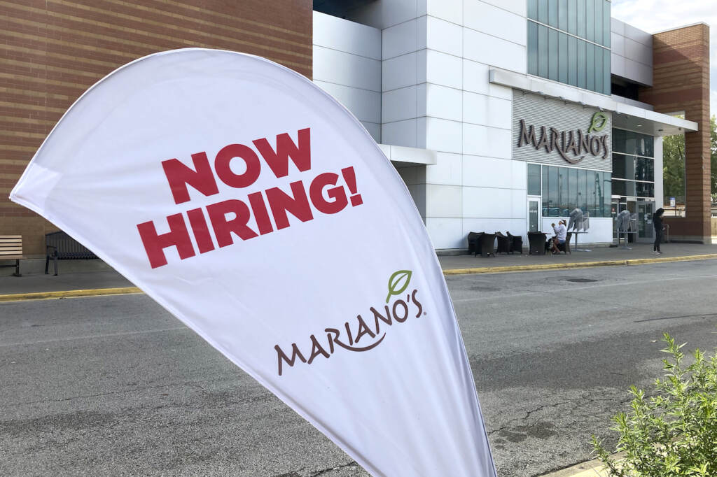 Job Openings A sign in the parking lot of Mariano's grocery store advertises the availability of jobs Friday, Oct. 8, 2021, in Chicago. One reason America’s employers are having trouble filling jobs was starkly illustrated in a report Tuesday, Oct. 12: Americans are quitting in droves. (AP Photo/Charles Rex Arbogast)