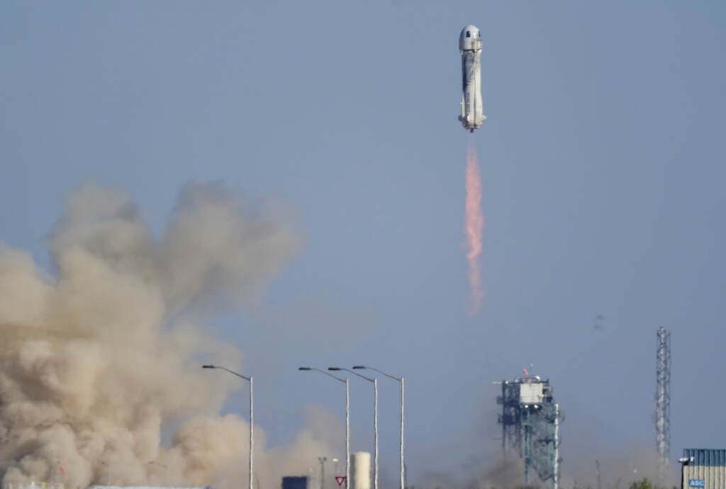 Blue Origin's New Shepard rocket launches carrying passengers William Shatner, Chris Boshuizen, Audrey Powers and Glen de Vries from its spaceport near Van Horn, Texas, Wednesday, Oct. 13, 2021