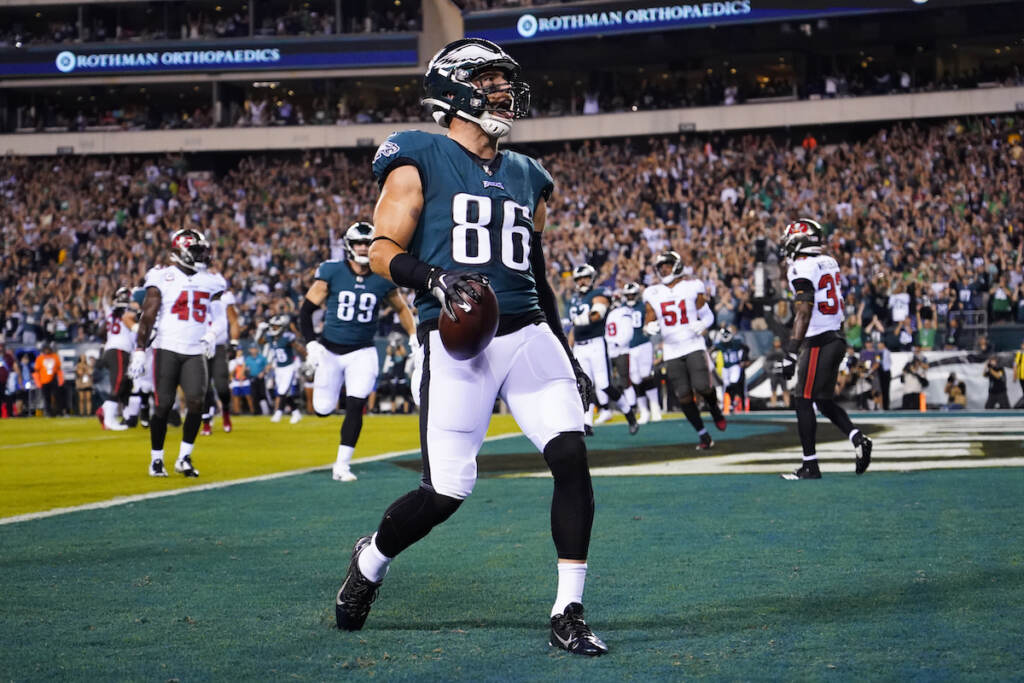 Buccaneers Eagles Football Philadelphia Eagles tight end Zach Ertz celebrates a touchdown during the first half of an NFL football game against the Tampa Bay Buccaneers on Thursday, Oct. 14, 2021, in Philadelphia