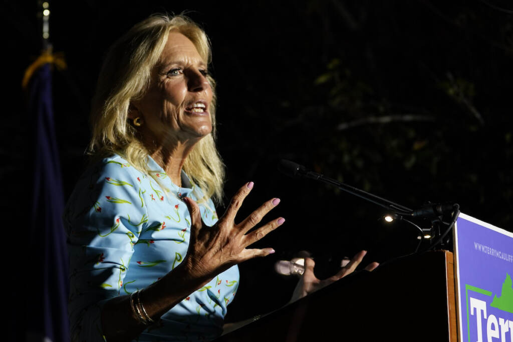 Jill Biden First lady Jill Biden gestures during a rally for Democratic gubernatorial candidate Terry McAuliffe in Richmond, Va., Friday, Oct. 15, 2021
