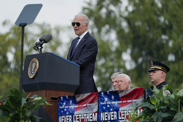 President Joe Biden speaks during a ceremony, honoring fallen law enforcement officers at the 40th annual National Peace Officers' Memorial Service at the U.S. Capitol in Washington, Saturday, Oct. 16, 2021