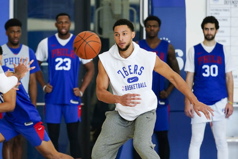 Philadelphia 76ers' Ben Simmons takes part in a practice at the NBA basketball team's facility, Monday, Oct. 18, 2021, in Camden, N.J.