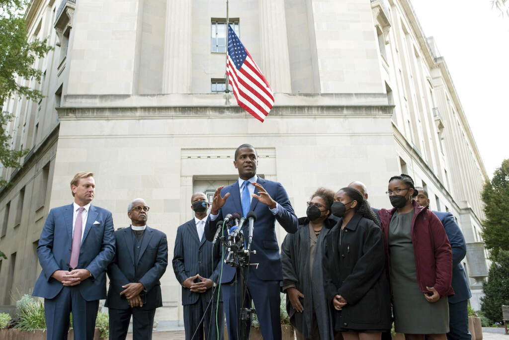 Charleston Church Shooting Bakari Sellers, center, attorney for the families of victims killed in the 2015 Mother Emanuel AME Church shooting, in S.C., speaks with reporters outside the Justice Department, in Washington, Thursday, Oct. 28, 2021