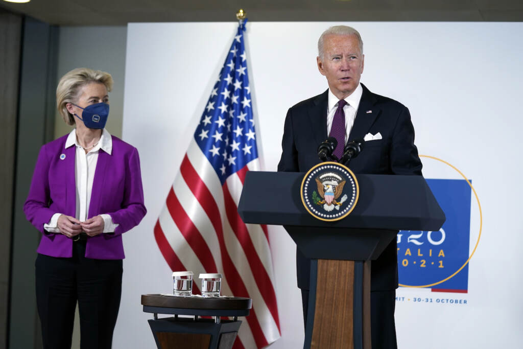 Joe Biden,Ursula von der Leyen President Joe Biden and European Commission president Ursula von der Leyen talk to reporters about pausing the trade war over steel and aluminum tariffs during the G20 leaders summit, Sunday, Oct. 31, 2021, in Rome. (AP Photo/Evan Vucci)
