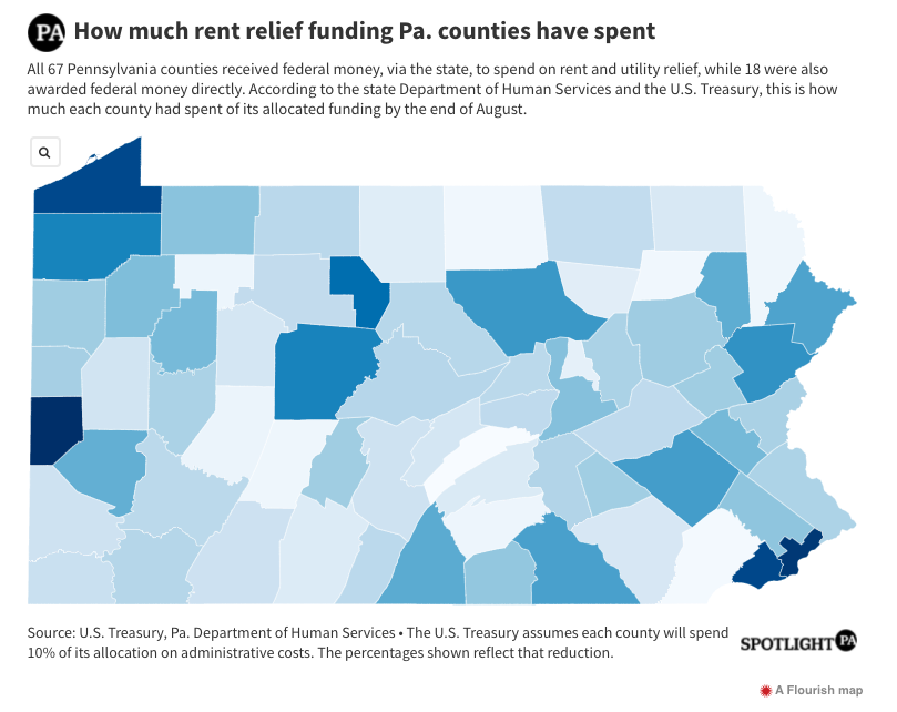 A map illustrates how much rent relief funding Pa. counties have spent