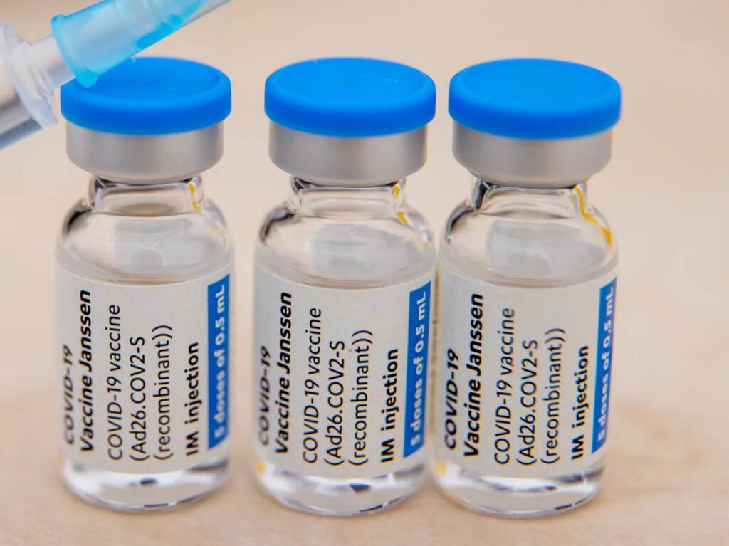 The vial of the Johnson & Johnson COVID-19 vaccine. The White House says Thursday that the U.S. will commit 17 million additional doses of the Johnson & Johnson vaccine to the African Union. 31 July 2021, Bavaria, Nuremberg: Illustration - Ampoules with the Corona vaccine from Johnson & Johnson stand on a table in the temporary vaccination center at the amusement park