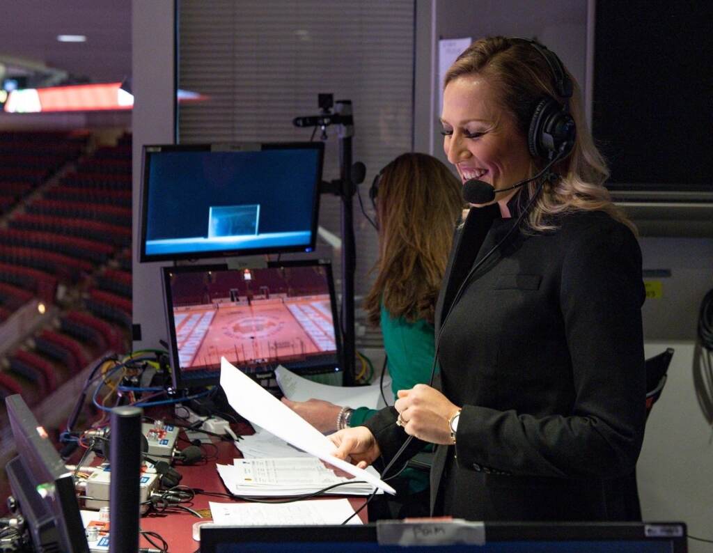 Philadelphia 76ers play-by-play announcer Kate Scott in the commentary booth Photo Credit 1 – NBC Sports Kate Scott in the commentary booth