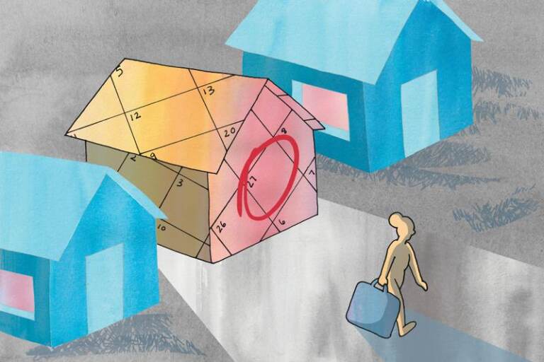 An illustration of houses, with someone being evicted