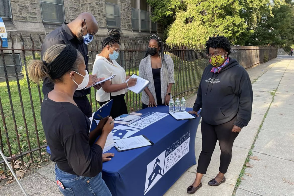 Screen Shot 2021-10-17 at 11.01.58 AM Philadelphia school board member Lisa Salley, right, works with district volunteers in front of Overbrook Elementary School on Thursday to get input from parents in the search for a new superintendent. Standing from left, Kristyn Aldrich, Walter Dixon, Marcia Hall and Deanna Scott. (Johann Calhoun / Chalkbeat)