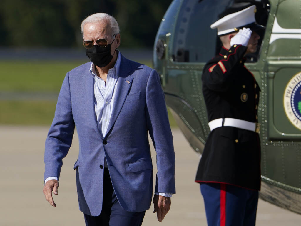 President Joe Biden flew to Delaware aboard Marine One Saturday. After a turbulent week in Congress, the president plans to meet with the Senate next week to discuss the debt ceiling and other agenda items. President Joe Biden arrives at Delaware Air National Guard Base in New Castle, Del., Saturday, Oct. 2, 2021. (AP Photo/Manuel Balce Ceneta)