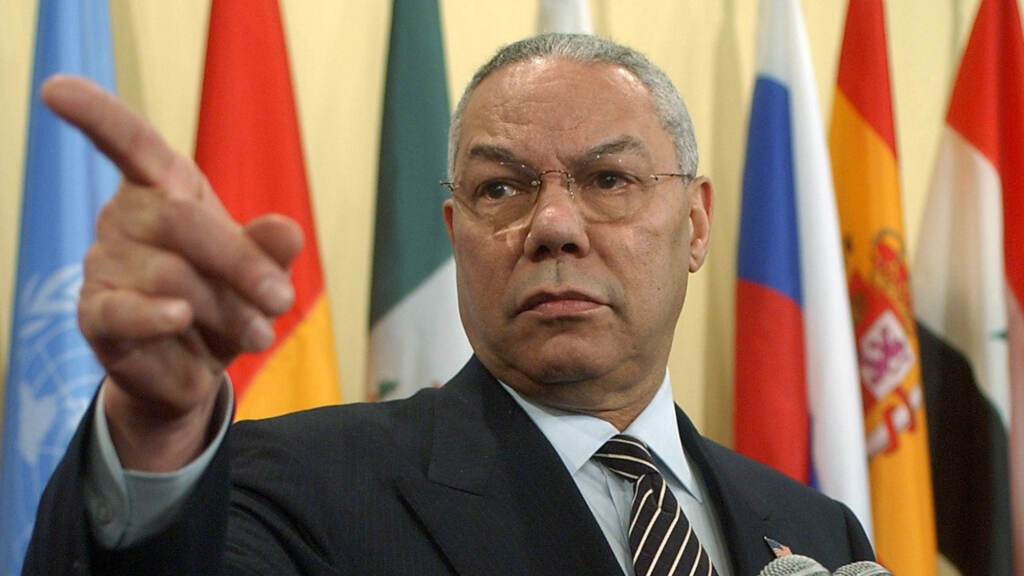 Obit-Powell U.S. Secretary of State Colin Powell points to a reporter during a news conference