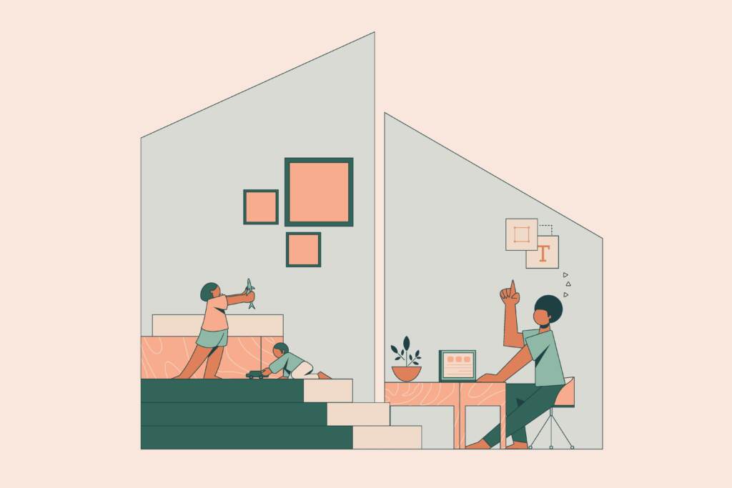 An adult gestures while participating in a video call while telecommuting during the coronavirus pandemic. Children are playing in the room as the adult works. An illustration of a man who gestures while participating in a video call while telecommuting during the coronavirus pandemic
