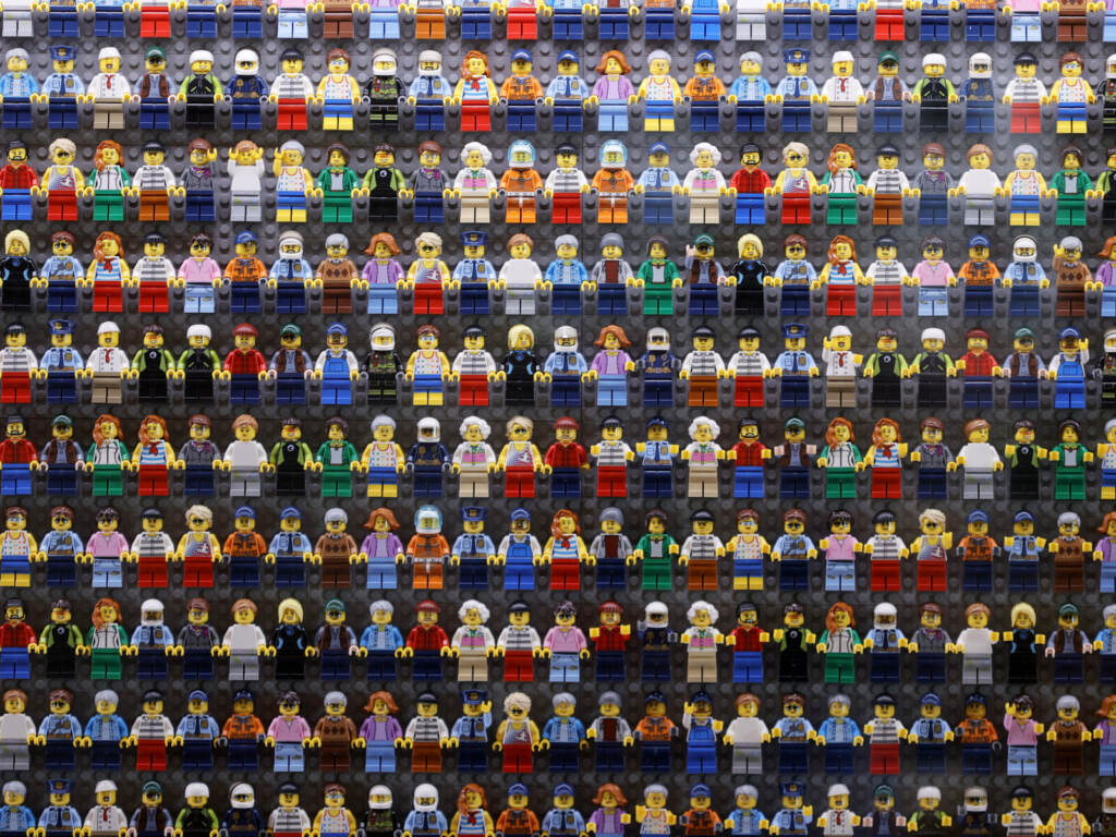 LEGOLAND New York Hotel Grand Opening A wall of LEGO minifigures is encased inside the lobby of the LEGOLAND New York Hotel