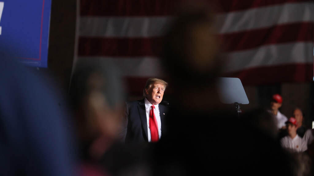 Former President Donald Trump speaks to supporters during a rally at the Iowa State Fairgrounds in Des Moines on Oct. 9. Former President Donald Trump speaks to supporters during a rally