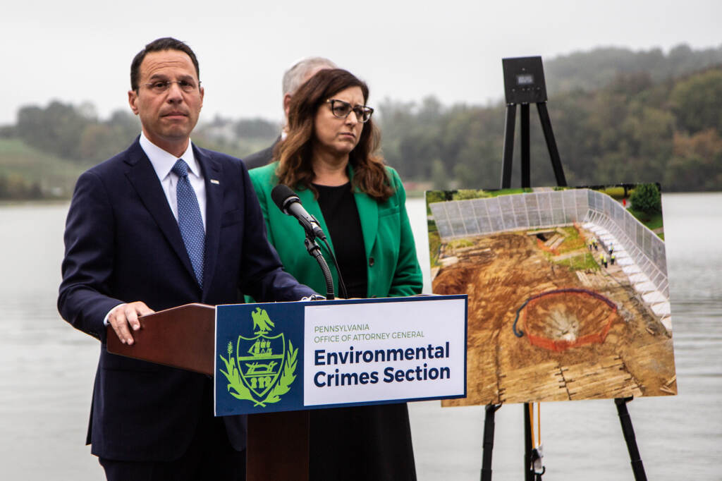 mariner_east_pipeline_AG_shapiro_03_KP_100521 Attorney General Josh Shapiro stands at podium at Marsh Creek Lake