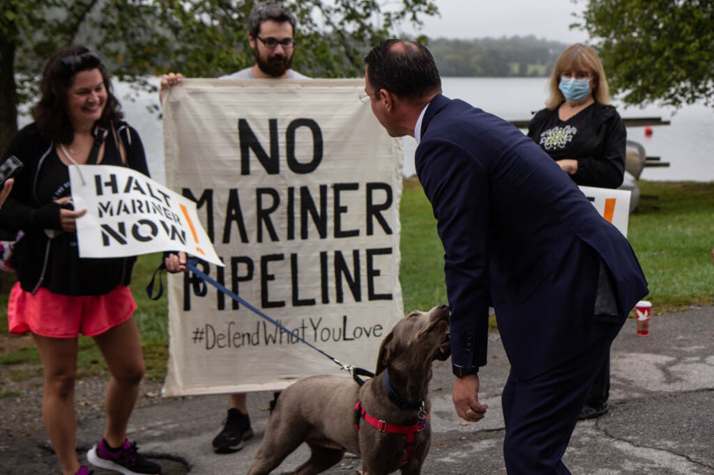 Attorney General Josh Shapiro greets residents opposed to the continuing construction of the Mariner East Pipeline