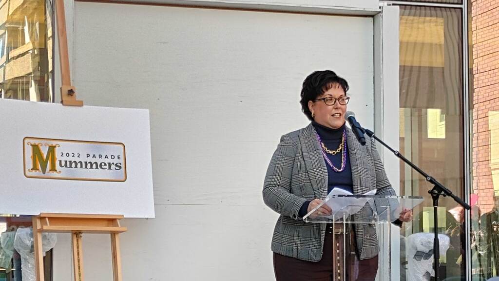 Kathryn Ott Lovell speaks at a press conference for the Mummers parade