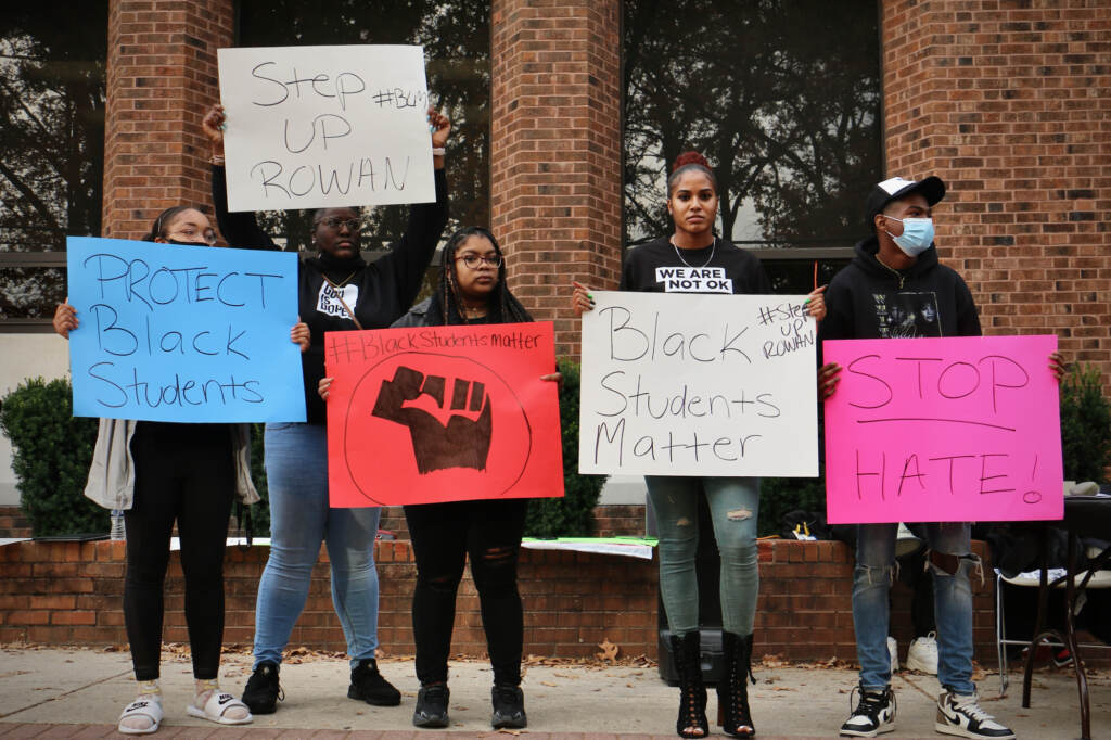 2021 11 11-e lee-glassboro nj rowan university-black students rally signs Rowan University students gather outside the Chamberlin Student Center criticize the administration for ignoring racial slurs and unequal treatment directed at Black students