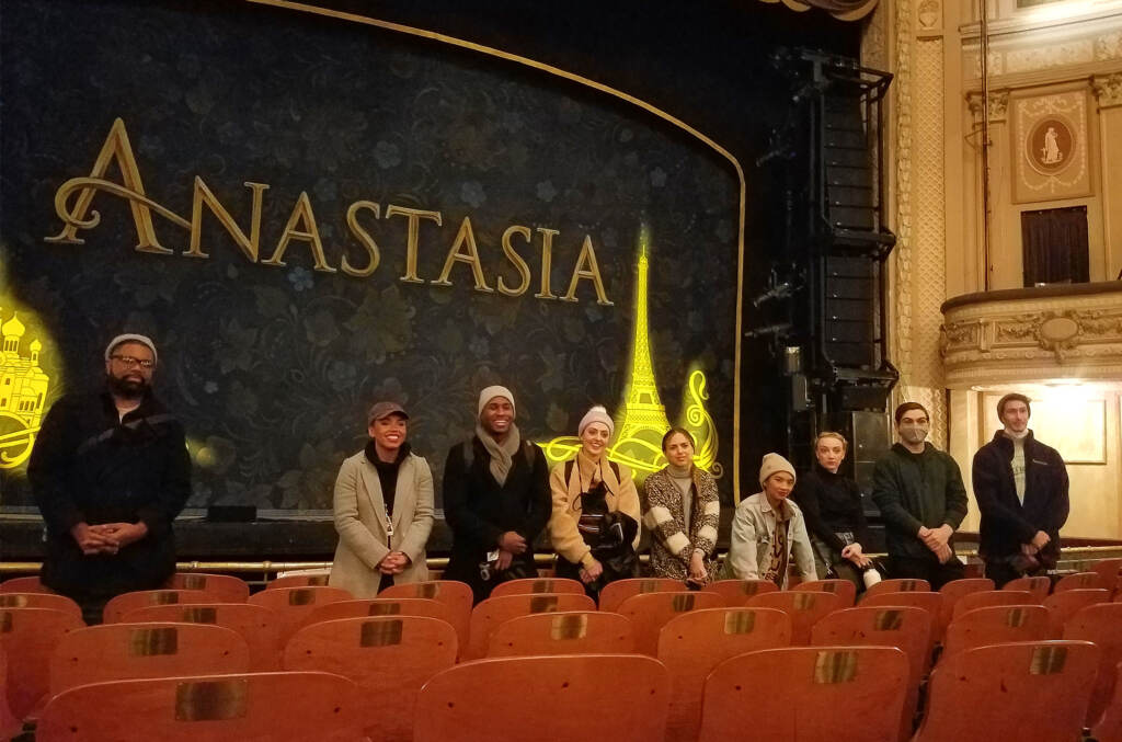 2021-11-24-p-crimmins-anastasia The cast of Anastasia met with members of the Chocolate Ballerina Company following a performance at the Merriam Theater. They maintained a 15 foot distance as a pandemic protocol. Kyla Stone is second from the left. (Peter Crimmins/WHYY)