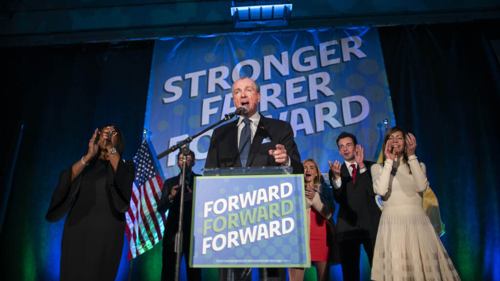 Election 2021 New Jersey Governor New Jersey Gov. Phil Murphy speaks to supporters from a podium