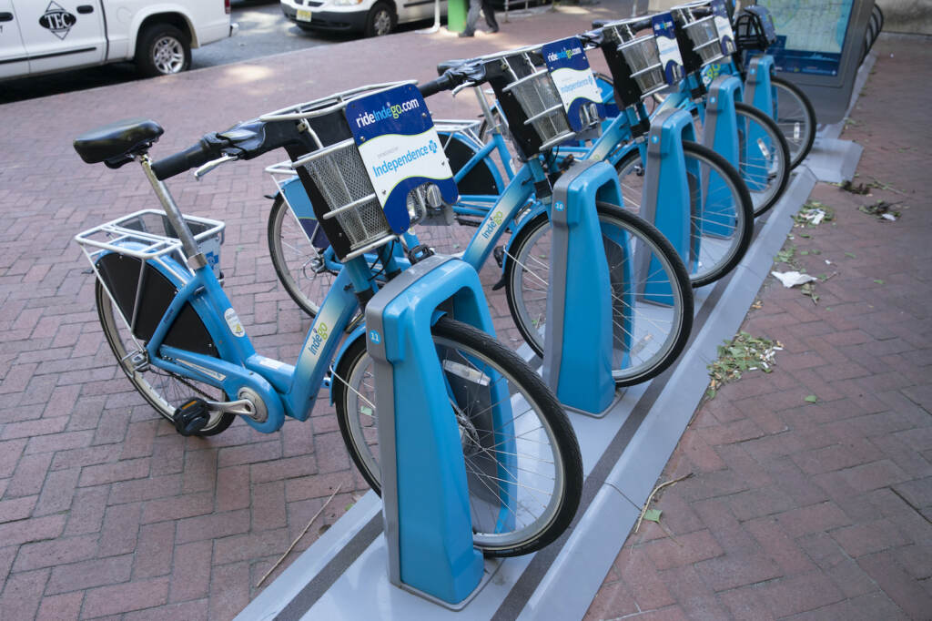 Pennsylvania Daily Life Indego bicycles set in a rack in Philly