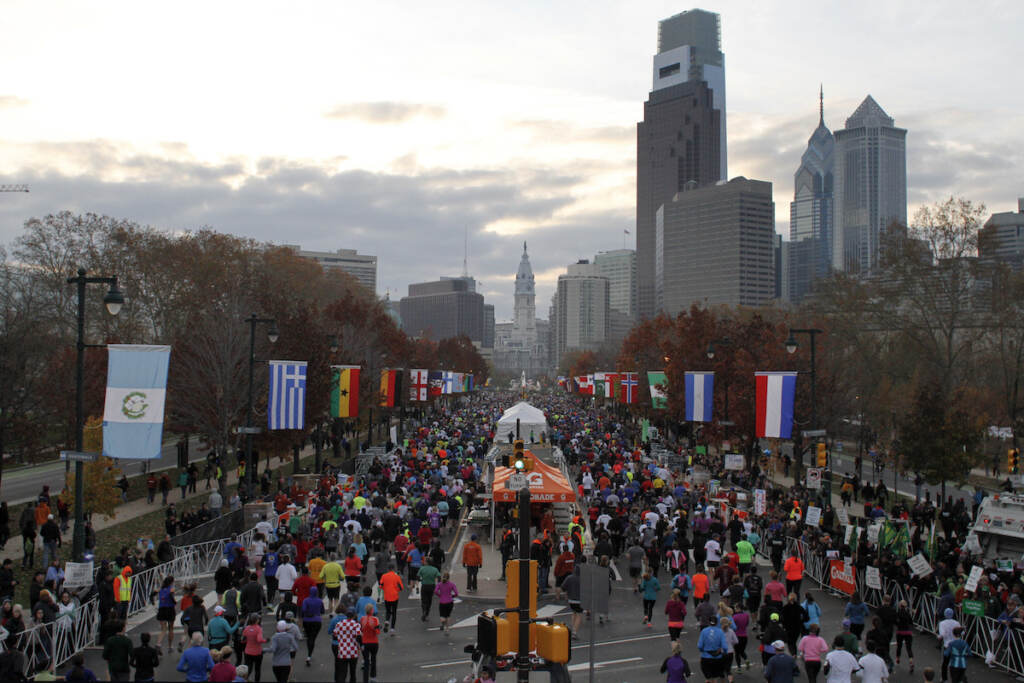 Marathons Heart Attacks File photo: In this Sunday, Nov. 18, 2012 file photo, runners make their way down Benjamin Franklin Parkway in Philadelphia during the Philadelphia Marathon. A study released on Wednesday, April 12, 2017 shows that marathons can be risky for hearts, but not necessarily those of the runners. It takes longer for nearby residents to get to a hospital for emergency heart care on the day of a race and they're less likely to survive.