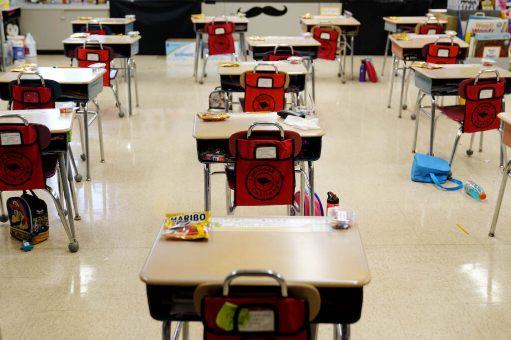 Virus Outbreak School Guidance File photo: In this Thursday, March 11, 2021 file photo, desks are arranged in a classroom at an elementary school in Nesquehoning, Pa