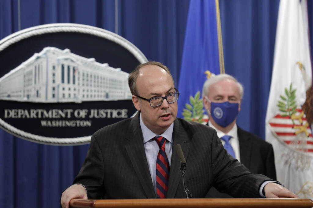 Capitol Breach Clark Deposition Then Acting Assistant U.S. Attorney General Jeffrey Clark speaks next to then Deputy U.S. Attorney General Jeffrey Rosen at a news conference at the Justice Department in Washington, U.S., October 21, 2020. REUTERS/Yuri Gripas/Pool