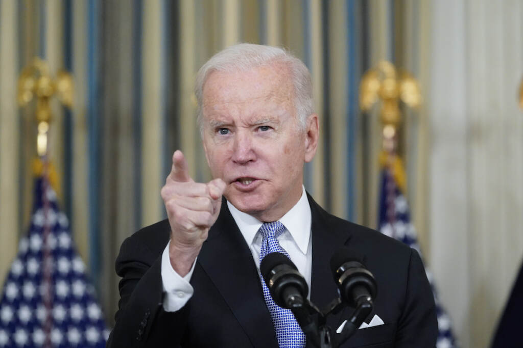 Joe Biden raising his voice President Joe Biden responds to a question about the U.S. border as he speaks in the State Dinning Room of the White House, Saturday, Nov. 6, 2021, in Washington