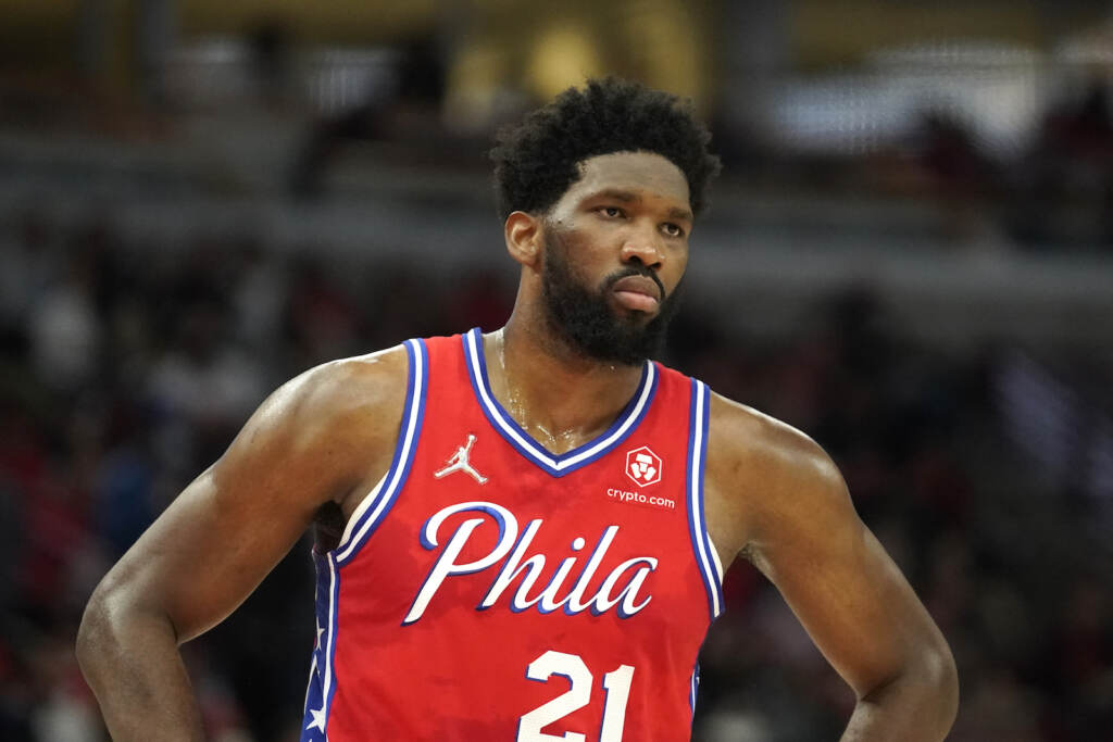Joel Embiid File photo: Philadelphia 76ers' Joel Embiid looks into the stands in an NBA basketball game against the Chicago Bulls Saturday, Nov. 6, 2021, in Chicago. (AP Photo/Charles Rex Arbogast)