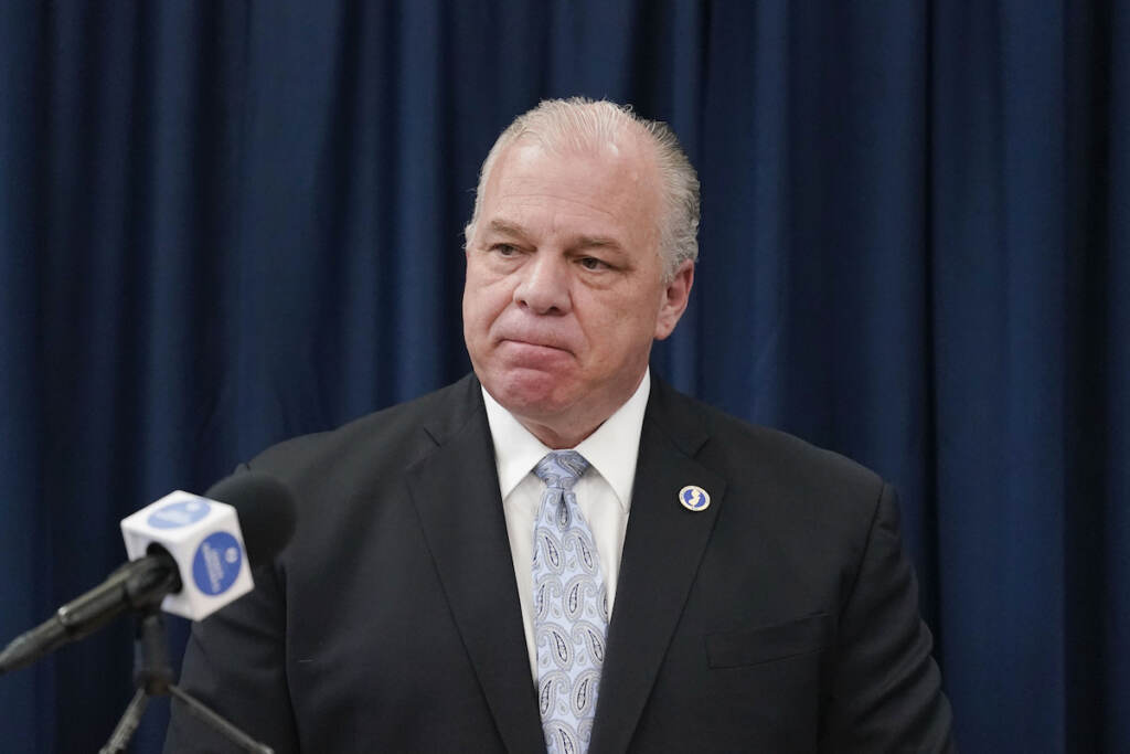 New Jersey Senate President Steve Sweeney speaks with members of the media during a news conference