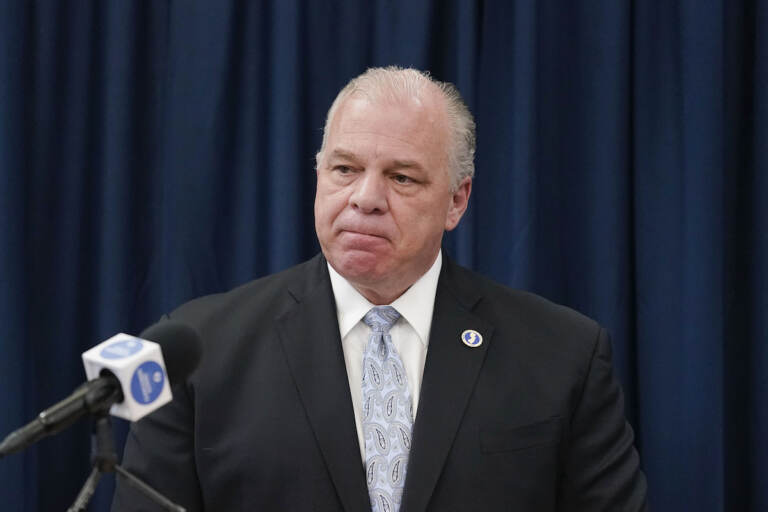 New Jersey Senate President Steve Sweeney speaks with members of the media during a news conference