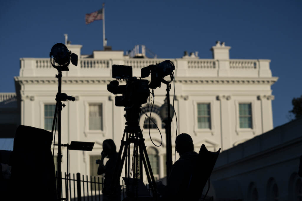Journalists outside the White House Journalists gather outside the White House, Wednesday, Nov. 4, 2020, in Washington