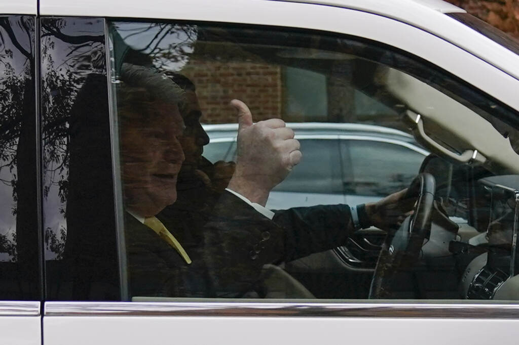 John ''Johnny Doc'' Dougherty gestures as he is driven from the federal courthouse in Philadelphia, Monday, Nov. 15, 2021. Dougherty was found guilty of conspiracy charges Monday in his corruption trial. (AP Photo/Matt Rourke)