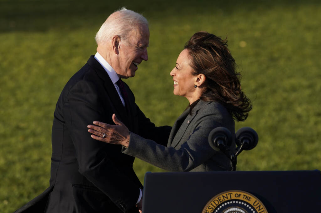 Joe Biden President Joe Biden embraces Vice President Kamala Harris as he speaks before signing the $1.2 trillion bipartisan infrastructure bill into law during a ceremony on the South Lawn of the White House in Washington, Monday, Nov. 15, 2021. (AP Photo/Susan Walsh)
