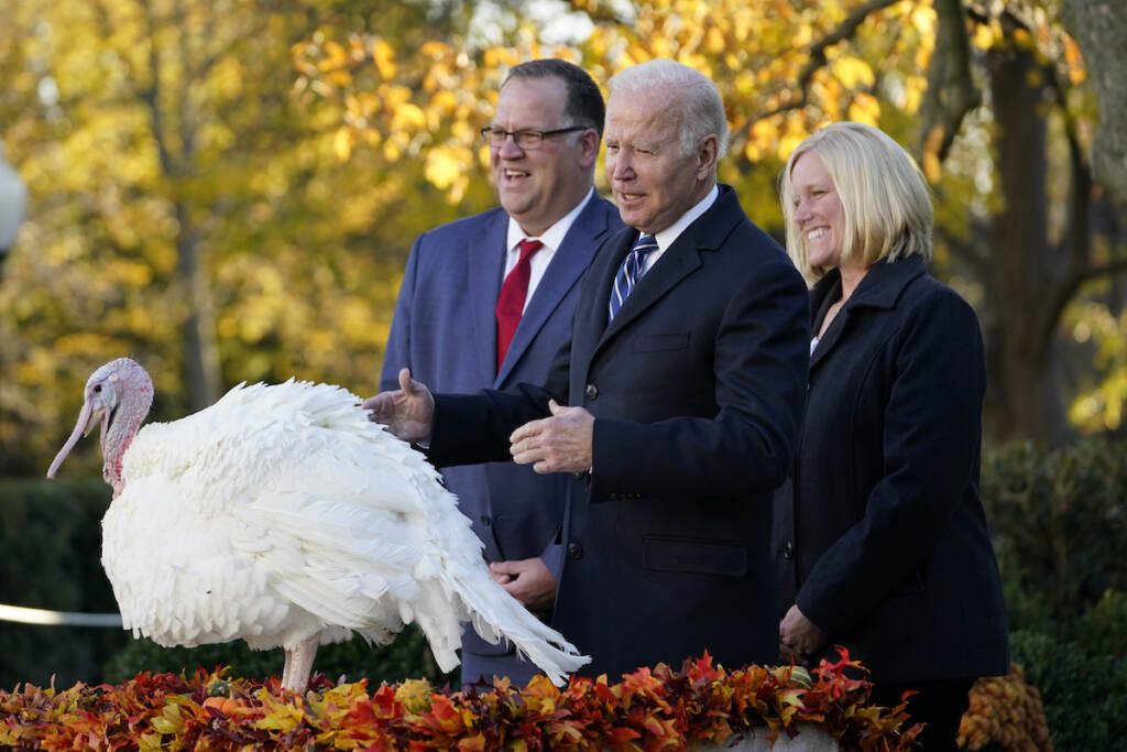 Biden Thanksgiving President Joe Biden pardons Peanut Butter, the national Thanksgiving turkey, in the Rose Garden of the White House in Washington, Friday, Nov. 19, 2021