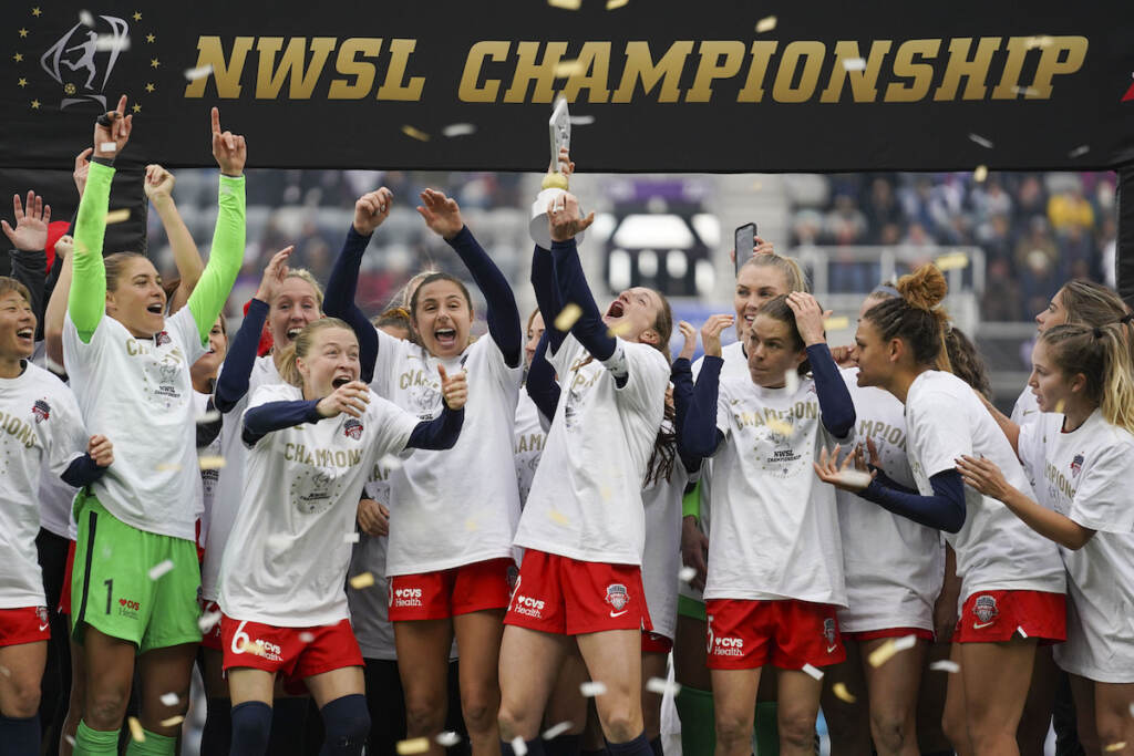 NWSL Championship Soccer Washington players celebrate after defeating Chicago in the NWSL Championship soccer match against Chicago Saturday, Nov. 20, 2021, in Louisville, Kentucky