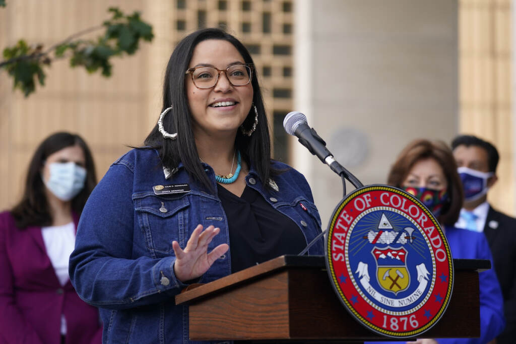 Immigration Language States File photo: Colorado State Sen. Julie Gonzales speaks during a news conference on Oct. 15, 2020, in Denver. According to an analysis by The Associated Press, at least 18 states refer to immigrants as