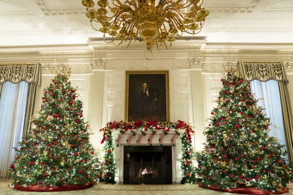 Biden The State Dining Room of the White House is decorated for the holiday season during a press preview of the White House holiday decorations, Monday, Nov. 29, 2021, in Washington. (AP Photo/Evan Vucci)