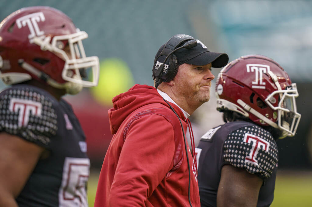 FILE - Temple head coach Rod Carey looks on with his team during the second half of an NCAA college football against Houston, Saturday, Nov. 13, 2021, in Philadelphia. Houston won 37-8.  Temple has fired coach Rod Carey after three seasons with the school,  according to a person with knowledge of the decision. The person spoke on condition of anonymity to The Associated Press on Monday, Nov. 29, because the firing was not officially announced.(AP Photo/Chris Szagola, File)