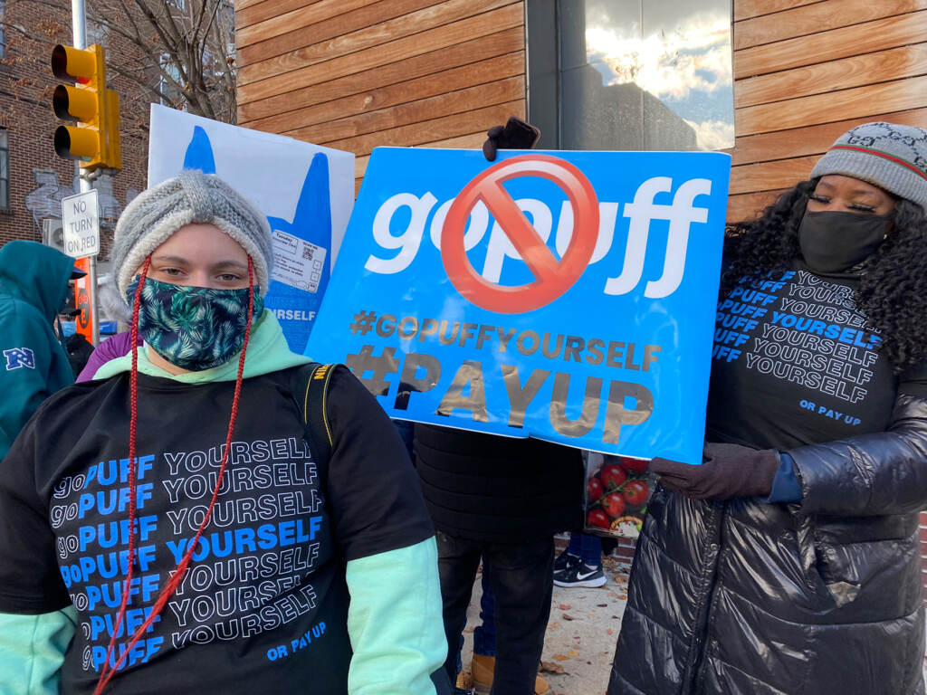 Candace-Hinson 'GoPuff keep saying that we make between $15-25 an hour,' said Candace Hinson, 29, who works at the company's Manayunk facility. 'They do not tell the media that they do not reimburse us for mileage. They do not give us anything for gas. They don't cover car repair.' (Liz Tung/WHYY)