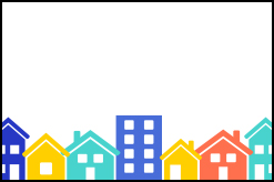 Graphic of houses in yellow, teal, blue, and coral