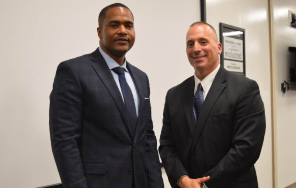 Norristown’s new chief of police, Derrick Wood (left), and Lt. Frank Lombardo of the South Brunswick Township Norristown's new chief of police Derrick Wood (left) and Lt. Frank Lombardo of the South Brunswick Township, New Jersey, Police Department