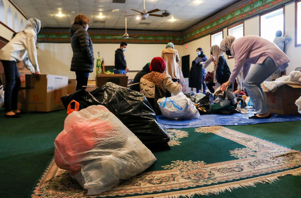 A donation pack up for incoming Afghan refugees run by AOPxSOLA and members of Imam Ali Masjid Mosque at Imam Ali Masjid Mosque in Pennsauken, NJ on 11/14/21.
[DANIELLA HEMINGHAUS]
