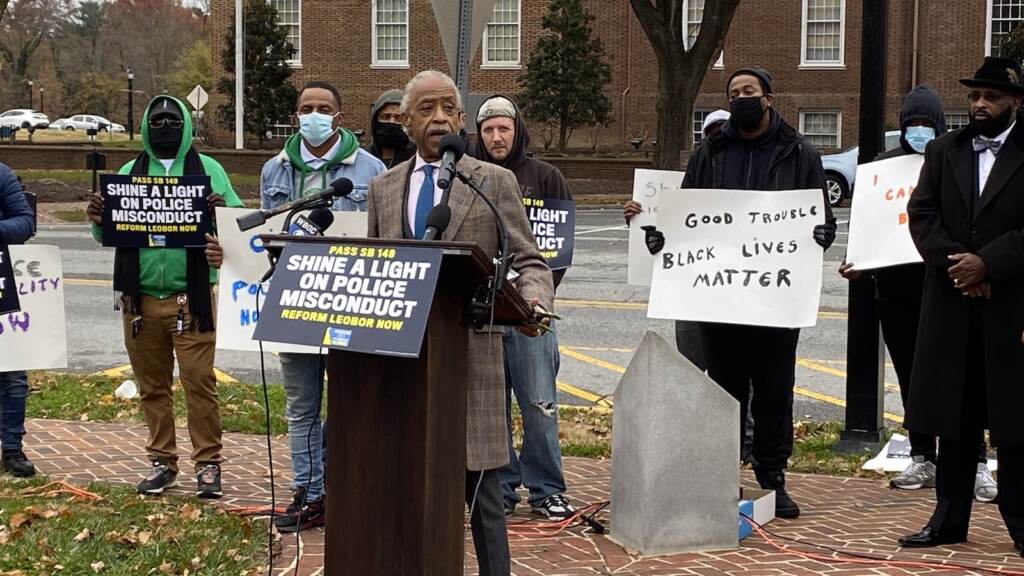 IMG_1098 Rev. Al Sharpton speaks outside Legislative Hall in Dover Monday afternoon in support of legislation that would open up police misconduct records to public scrutiny. (Mark Eichmann/WHYY)