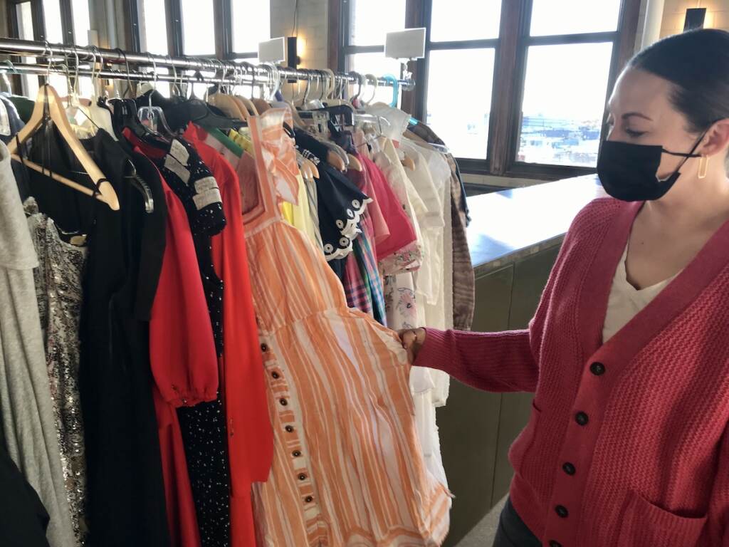FABSCRAP CEO and Founder Jessica Schreiber shows a sample garment that would have otherwise been discarded during the design process